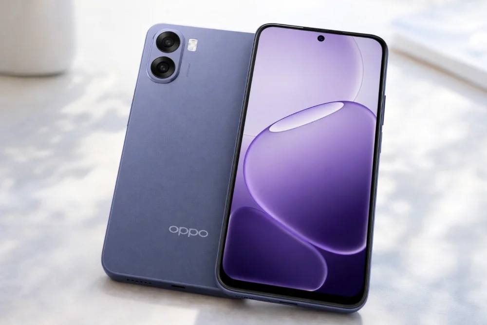 Смартфон OPPO A6v в фиолетовом цвете, вид спереди и сзади, большой дисплей с тонкими рамками, двойная основная камера, современный дизайн корпуса