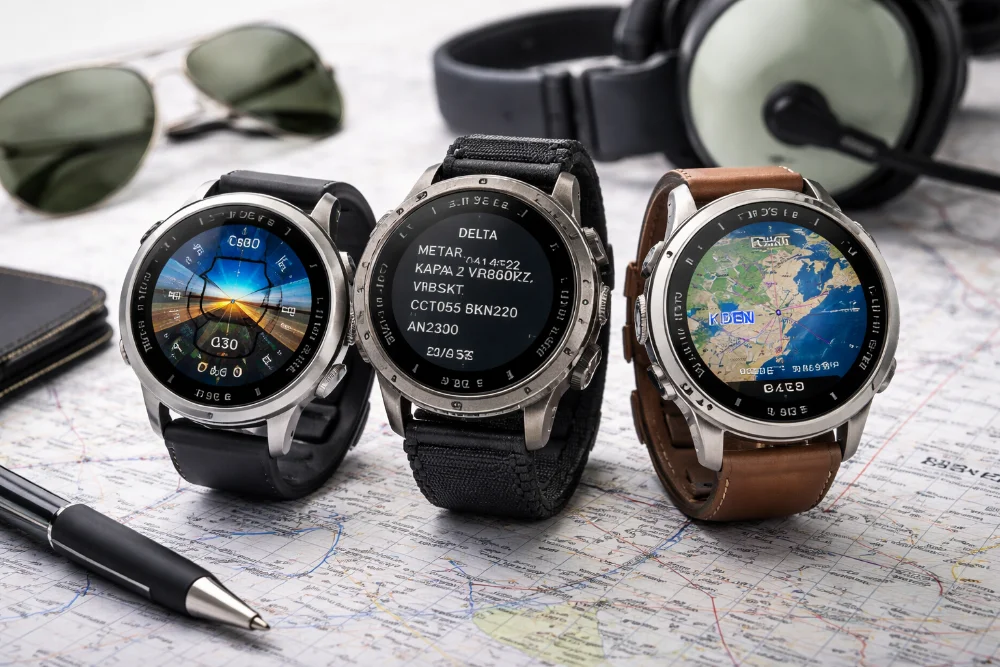 Авиачасы Garmin D2 — линейка смарт-часов для пилотов, навигации и полетов Авиационные смарт-часы Garmin D2 Air X10, D2 Delta и D2 Mach 1 на фоне аэронавигационной карты, инструменты для полетов, навигация и авиационная погода METAR