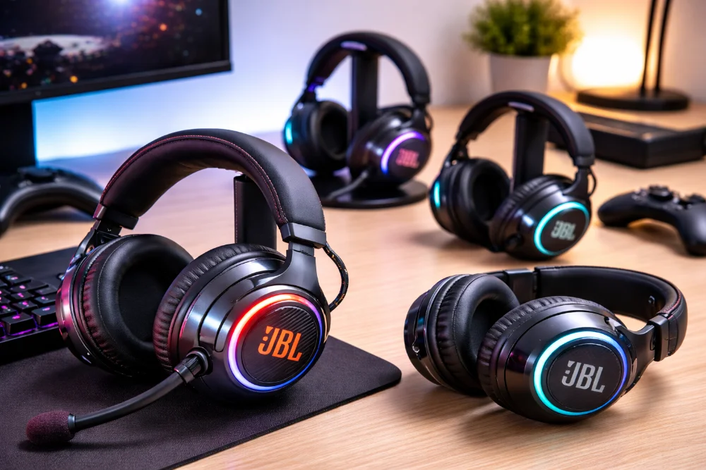 Игровые наушники JBL Quantum на рабочем столе – дизайн, подсветка и геймерская атмосфера Игровые наушники JBL Quantum с микрофоном и RGB-подсветкой на светлом рабочем столе рядом с клавиатурой и геймпадом, детальный вид дизайна и формы гарнитуры