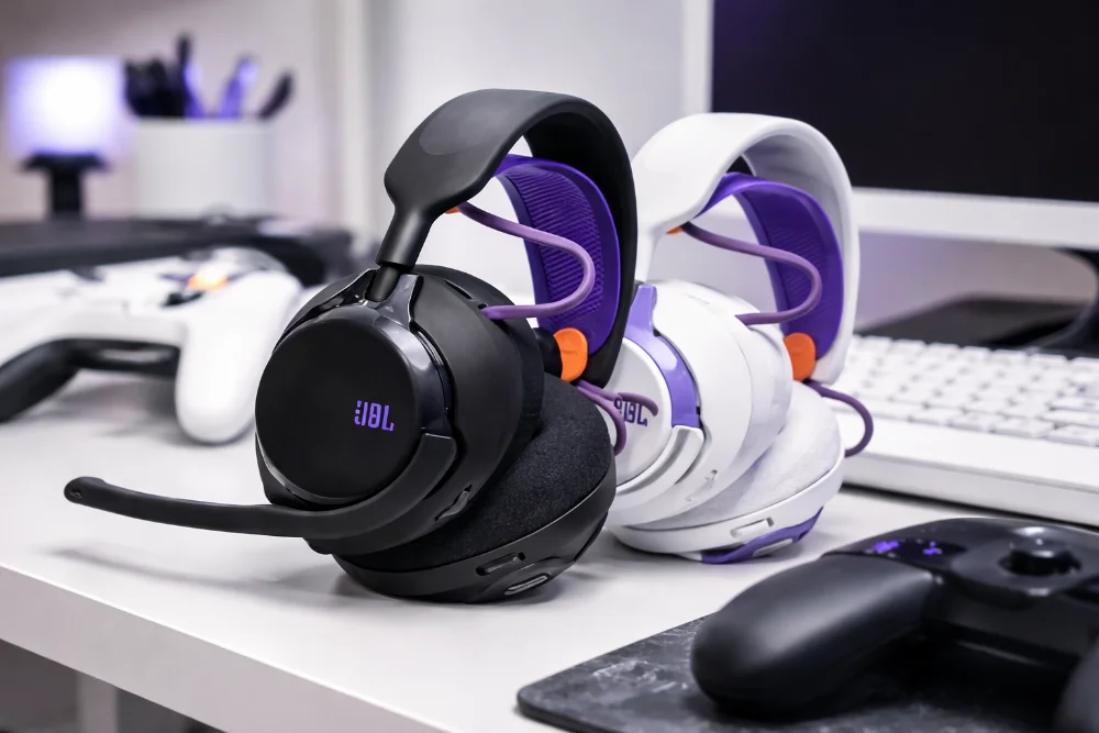 JBL Quantum 650X — беспроводная игровая гарнитура для ПК и Xbox в черном и белом цвете Игровая гарнитура JBL Quantum 650X в черном и белом цвете на светлом рабочем столе, с микрофоном, мягкими амбушюрами и современным геймерским дизайном для ПК и Xbox