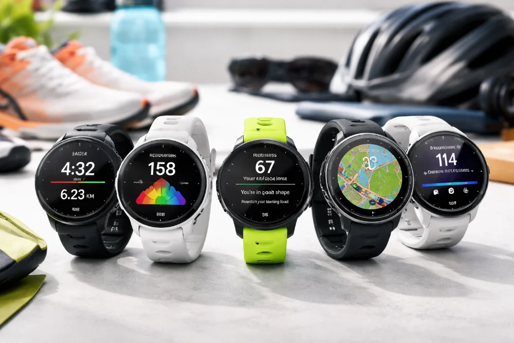 Линейка Garmin Forerunner для бега и триатлона — топовые модели Спортивные часы Garmin Forerunner на светлом фоне, крупный план корпусов с MIP и AMOLED дисплеями, акцент на дизайне, ремешках и экранах