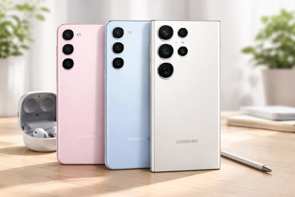Смартфоны Samsung Galaxy S26, Samsung Galaxy S26+ и Samsung Galaxy S26 Ultra на светлом столе, крупный план задних панелей с многомодульными камерами, премиальный дизайн