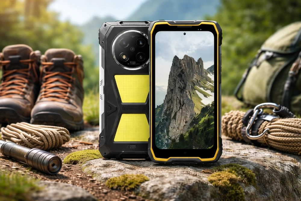 Blackview Rock 2 Pro в горах — защищённый смартфон с мощной батареей и кемпинговым фонарём Защищённый смартфон Blackview Rock 2 Pro с жёлто-чёрным корпусом на фоне гор и туристического снаряжения, демонстрация прочного корпуса, большого экрана и встроенного яркого фонаря для экстремальных условий
