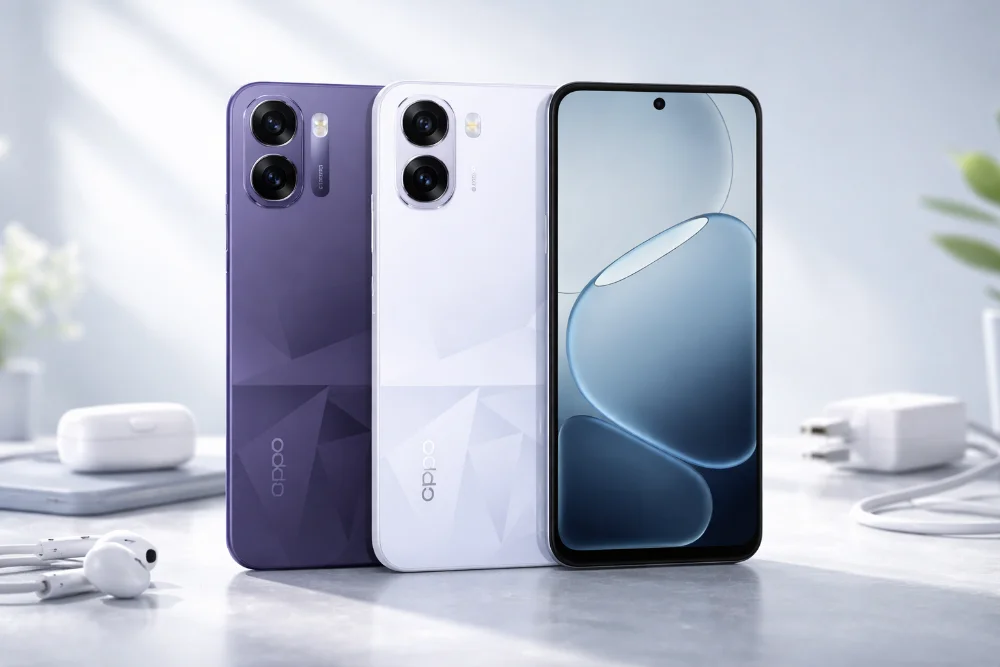 Oppo K14x 5G — дизайн корпуса, цвета и экран в деталях Смартфон Oppo K14x 5G в фиолетовом и белом цветах, вид спереди и сзади — современный минималистичный дизайн