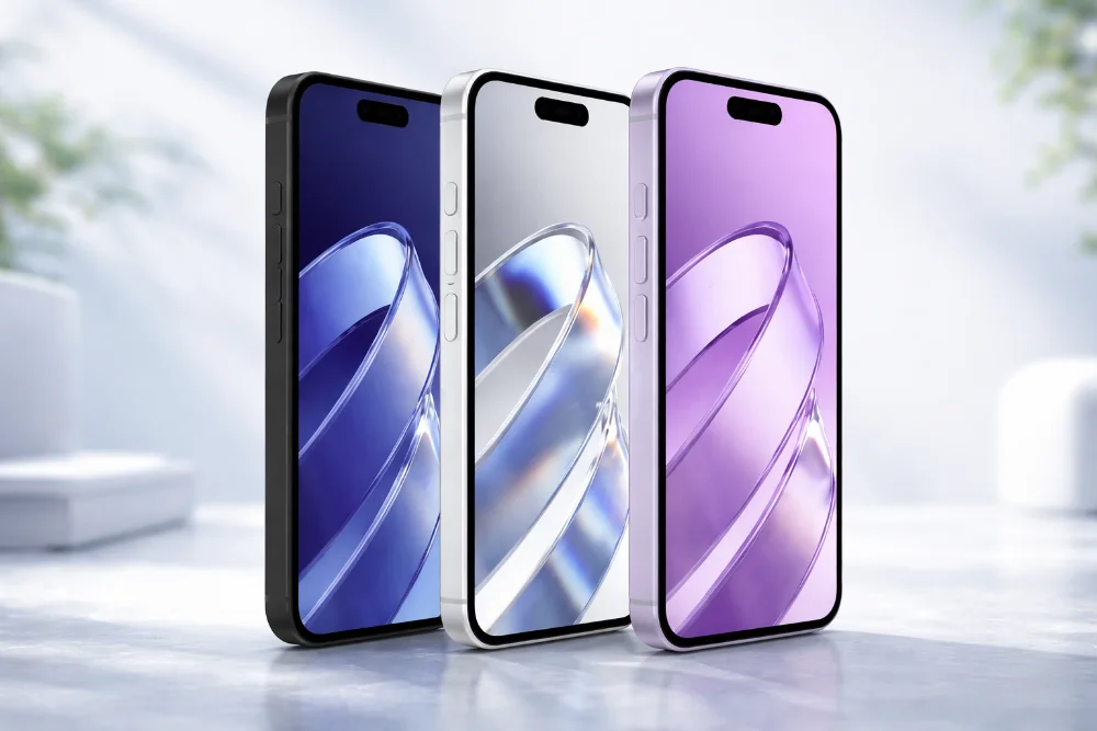 iPhone 17e — тонкий корпус, OLED-дисплей с Dynamic Island и новые цветовые варианты Три смартфона iPhone 17e в черном, серебристом и светло-фиолетовом цветах, вид спереди под углом, узкие рамки, OLED-экран с Dynamic Island и современный плоский дизайн корпуса
