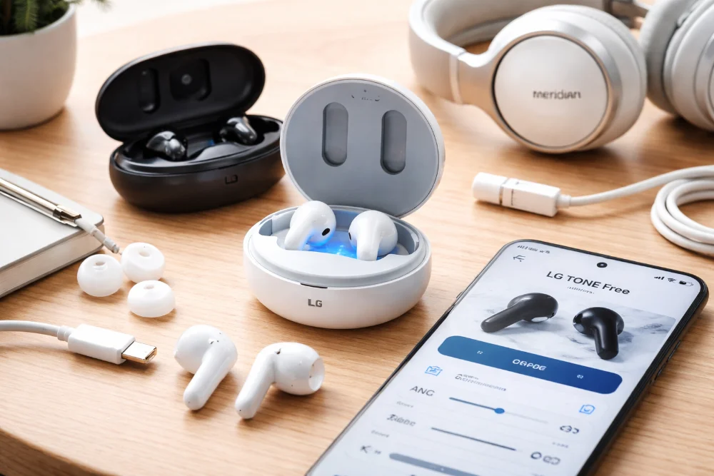 Беспроводные наушники LG Tone Free в открытом зарядном кейсе с подсветкой UVnano на деревянном столе рядом со смартфоном с приложением LG TONE Free и аксессуарами