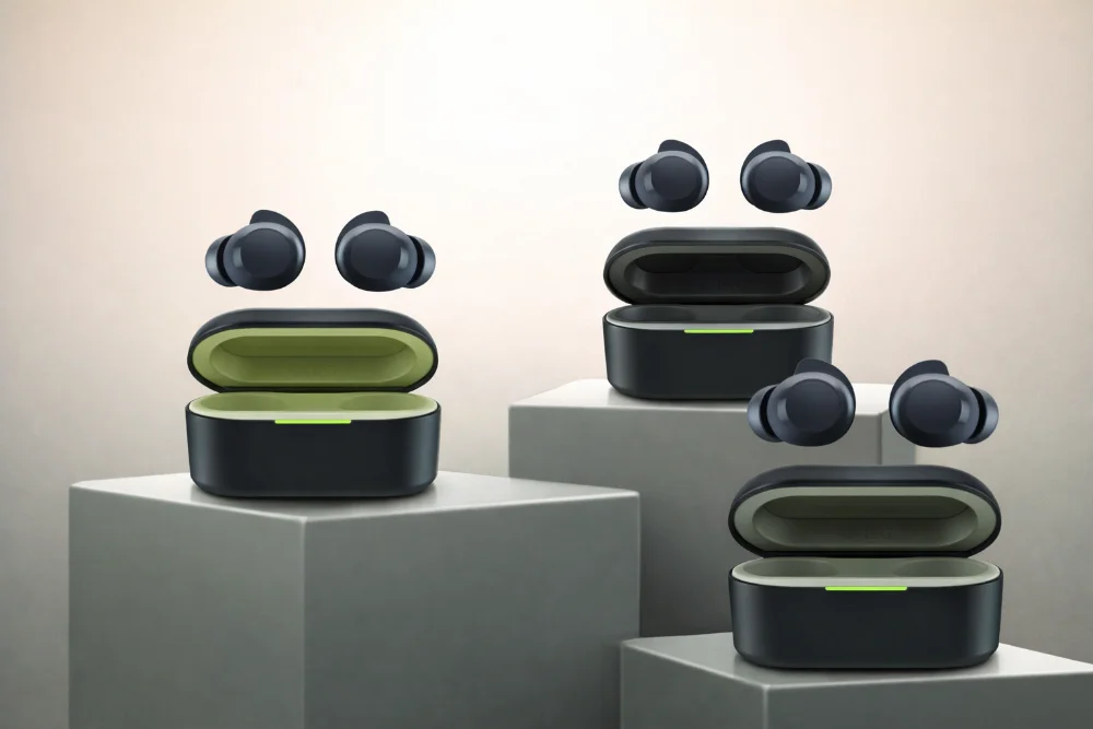 Беспроводные наушники LG XBOOM Buds Lite с кейсом — дизайн и зарядка Беспроводные наушники LG XBOOM Buds Lite темного цвета с открытым зарядным кейсом и зелёной внутренней отделкой на светлом фоне