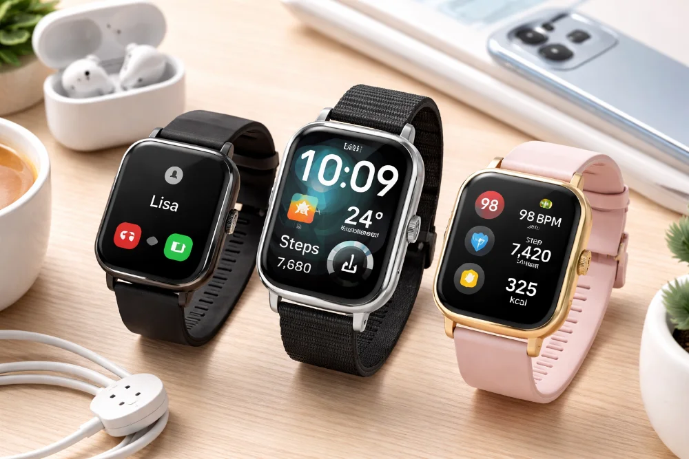 Смарт-часы Uwatch на столе, модели в черном, серебристом и золотом цвете с нейлоновым и силиконовым ремешком, отображение времени, шагов и пульса