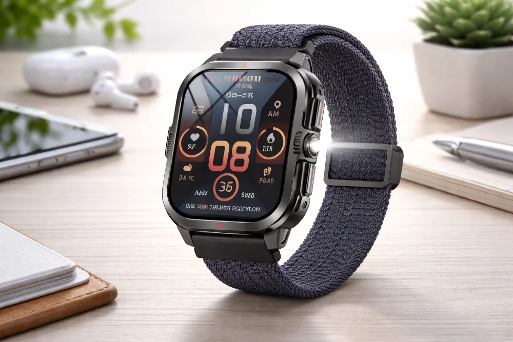 Uwatch Smart Fantastic Nylon с IPS 2.01″ и нейлоновым ремешком — фото в интерьере Смарт-часы Uwatch Smart Fantastic Nylon с дисплеем 2.01 дюйма 240x296, Bluetooth 5.3 и текстильным нейлоновым ремешком на столе рядом со смартфоном и наушниками