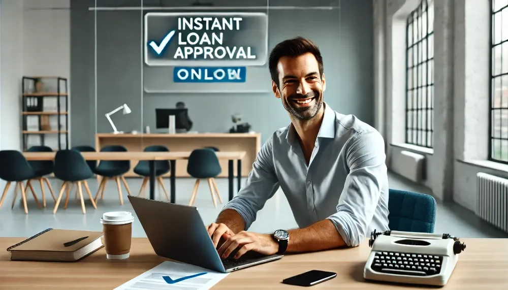 Bărbat la birou, primind instantaneu aprobarea unui microcredit online. Un bărbat încrezător, la birou, bucurându-se de aprobarea unui microcredit online.