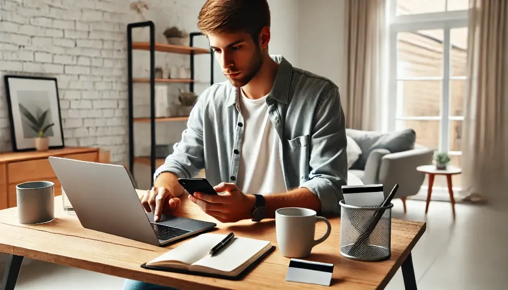 Tânăr completând aplicația pentru un împrumut online, folosind un laptop. Persoană aplicând pentru împrumut online, utilizând laptop și smartphone.