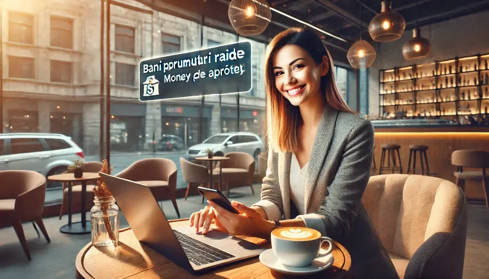 O tânără stă într-o cafenea confortabilă cu laptopul și smartphone-ul, pe ecranul laptopului apare o notificare de aprobare pentru un împrumut rapid („Bani pe loc aprobați”), alături se află o ceașcă de cafea, iar în fundal se vede un peisaj urban. Femeie într-o cafenea confortabilă primește aprobare pentru un împrumut rapid pe laptop, ecranul afișează „Bani pe loc aprobați”.