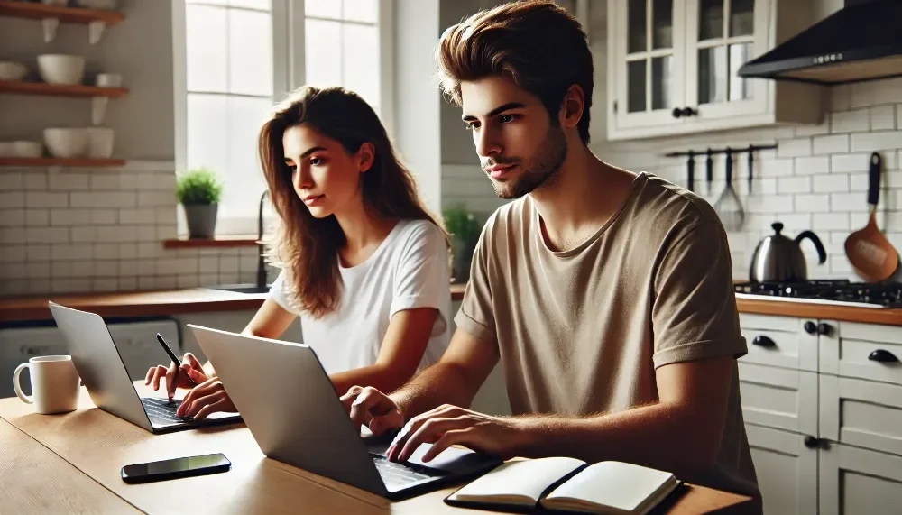 Cuplu aplicând online pentru un împrumut rapid, într-un cadru minimalist și relaxat. Un cuplu tânăr aplică online pentru un împrumut, utilizând laptopuri într-un mediu modern și confortabil.