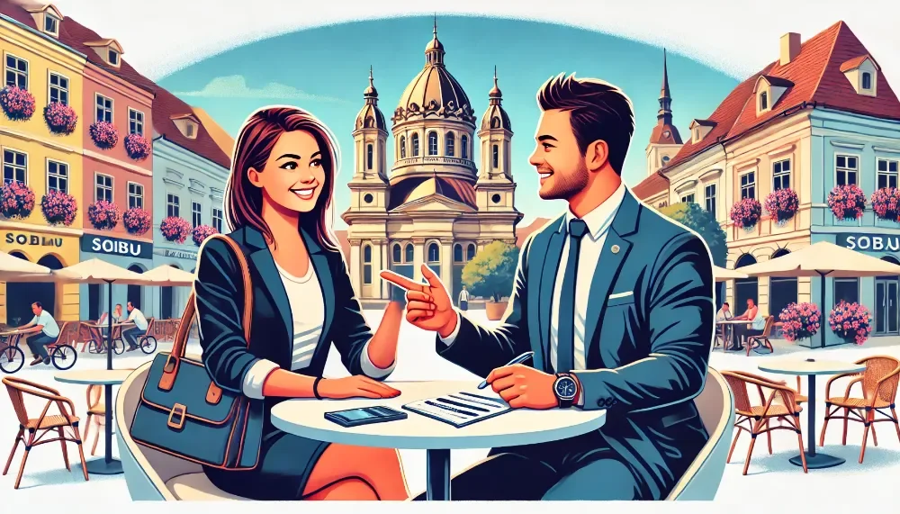 O specialistă financiară discută despre credite cu un client fericit, pe fundalul Pieței Mari din Sibiu.