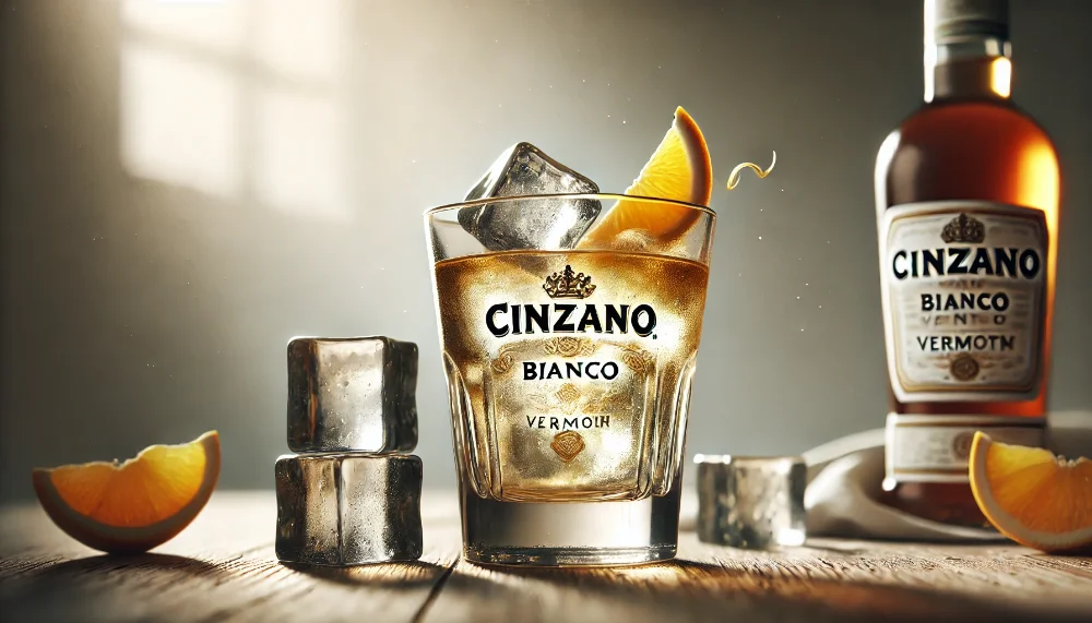 Крупний план охолодженого Cinzano Bianco з цитрусовим декором Охолоджений вермут Cinzano Bianco в склянці з льодом і цитрусовим декором на дерев'яній поверхні