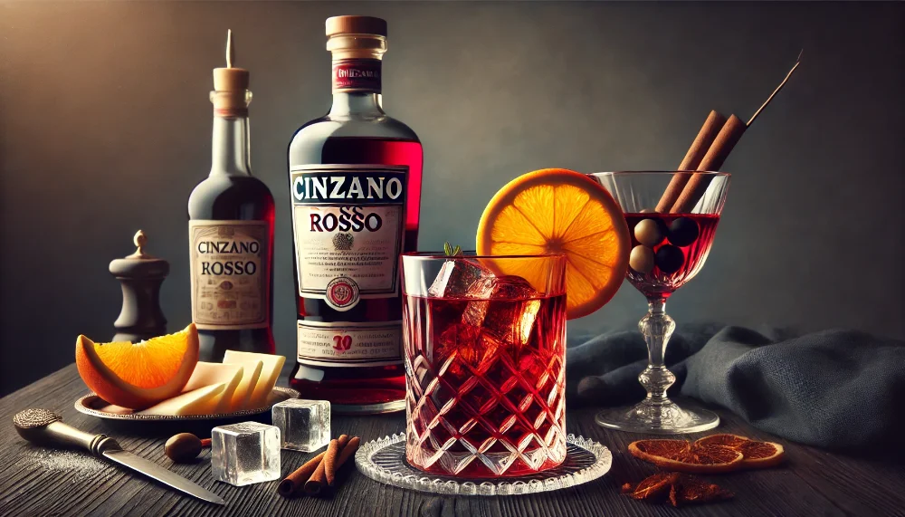 Cinzano Rosso: глибина італійської класики Пляшка Cinzano Rosso з келихом вермуту, спеціями та традиційними закусками на дерев'яному столі