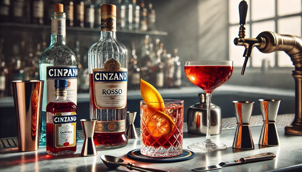 Мистецтво коктейлів з Cinzano Rosso Пляшка Cinzano Rosso в процесі приготування коктейлю Negroni з барними аксесуарами на мармуровій стійці