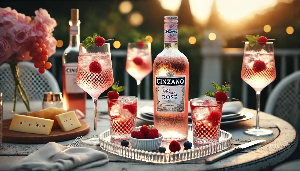 Cinzano Rosé: втілення літньої елегантності Пляшка Cinzano Rosé з келихами на льоду, прикрашеними ягодами, та легкими закусками на літній терасі