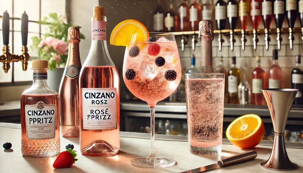 Мистецтво коктейлів з Cinzano Rosé Пляшка Cinzano Rosé та келих з коктейлем Rosé Spritz з фруктовими прикрасами на мармуровій барній стійці