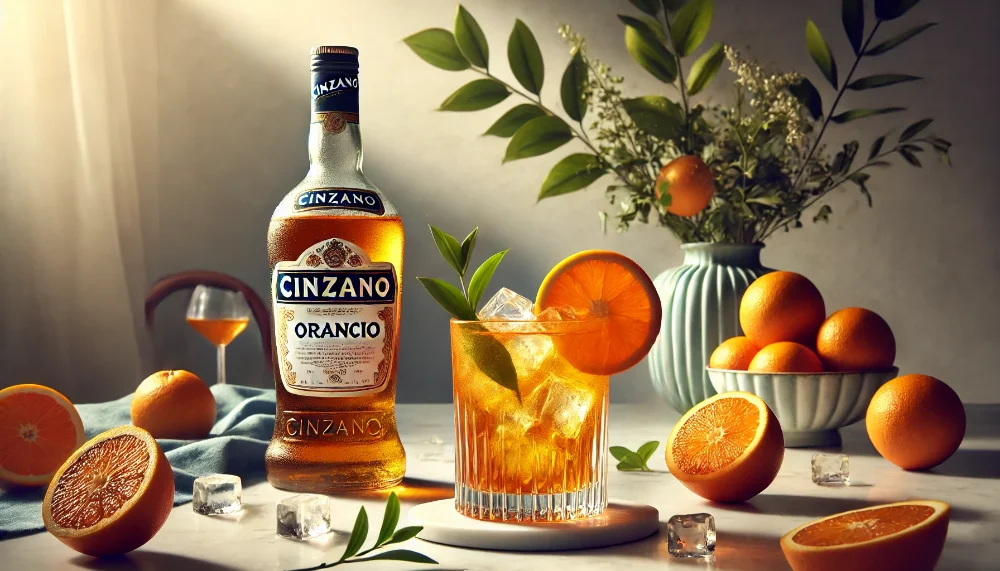 Мистецтво коктейлів: Cinzano Orancio в Orange Spritz Пляшка Cinzano Orancio з коктейлем Orange Spritz та барними аксесуарами на мармуровій стійці