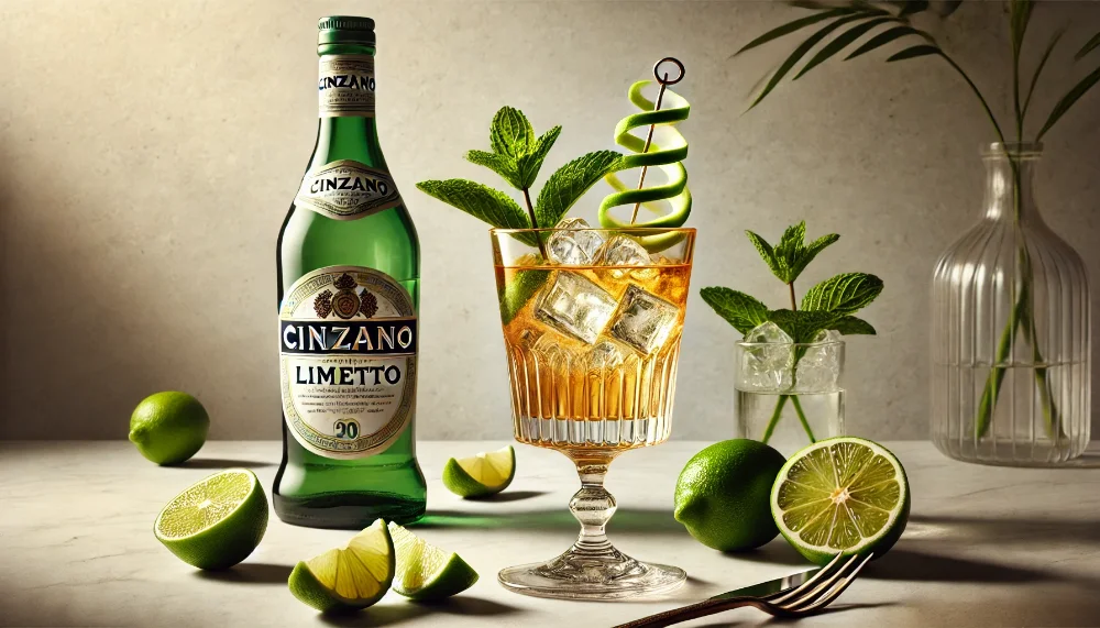Cinzano Limetto: освіжаюча елегантність цитрусів Пляшка Cinzano Limetto з коктейльним келихом, прикрашеним лаймом та м'ятою, в оточенні свіжих цитрусів
