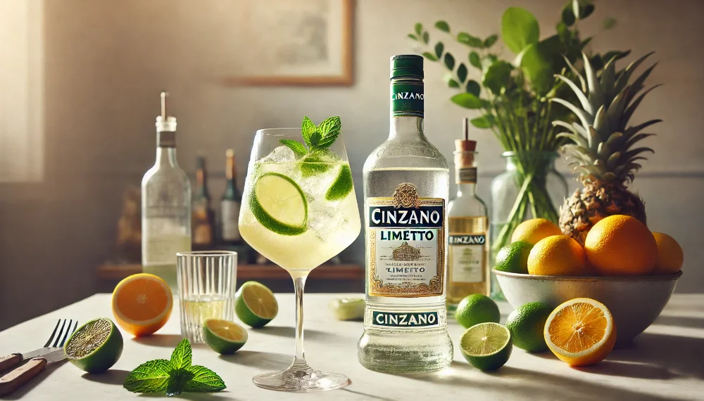 Мистецтво освіжаючих коктейлів з Cinzano Limetto Пляшка Cinzano Limetto та келих з коктейлем Limetto Spritz на професійній барній стійці