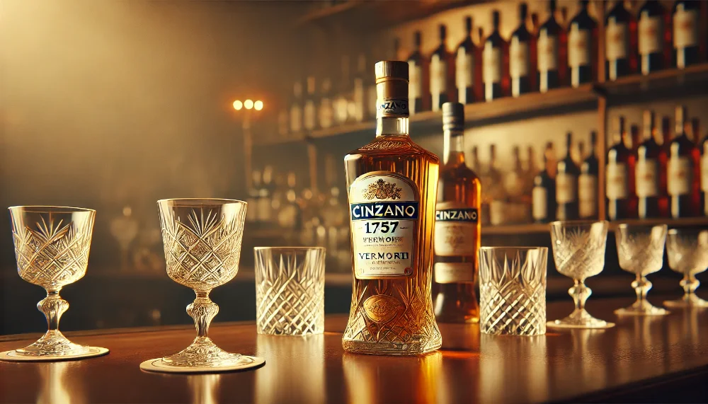 Cinzano 1757 на барному столі: елегантність та витонченість у кожній краплі Елегантна пляшка вермута Cinzano 1757 на дерев'яному барному столі поруч з кришталевими склянками, в теплій світлій атмосфері