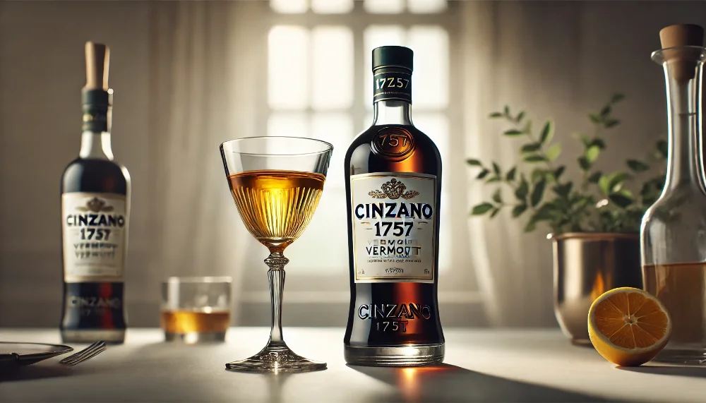 Cinzano 1757 в коктейлі: витончене поєднання для особливих моментів Елегантна обстановка з пляшкою Cinzano 1757 та коктейльним склянкою, наповненою коктейлем на основі вермута, у світлому інтер'єрі