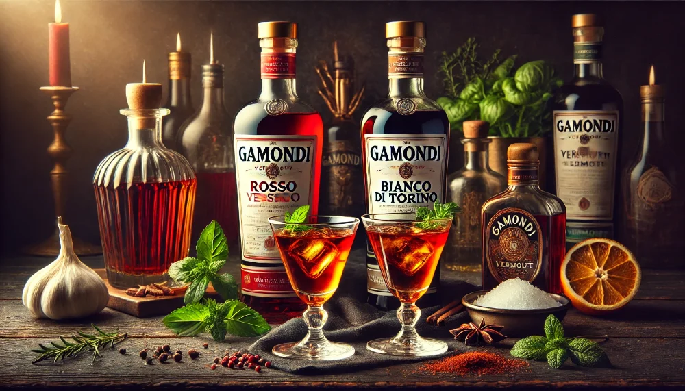 Дует класичних вермутів Gamondi: традиційні смаки Турину Класична колекція вермутів Gamondi Rosso та Bianco з келихами та спеціями