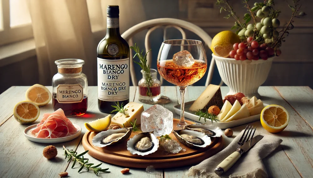 Досконалі поєднання з Marengo Bianco Dry Пляшка Marengo Bianco Dry з келихом та вишуканими закусками: устрицями, сирами та прошуто на дерев'яному столі