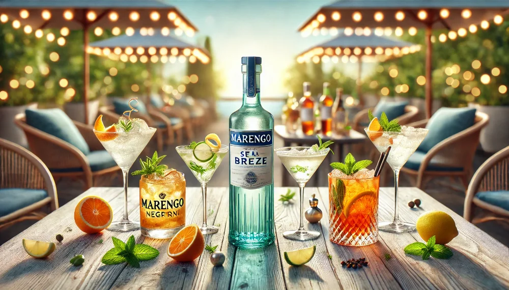 Коктейльні варіації з Marengo Sea Breeze Пляшка Marengo Sea Breeze з трьома фірмовими коктейлями та інгредієнтами на терасі