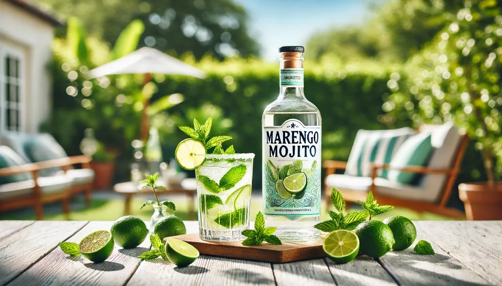 Marengo Mojito: ідеальний літній вермут з нотками м'яти Пляшка вермуту Marengo Mojito та келих з коктейлем, прикрашений свіжою м'ятою та лаймом на дерев'яному столі у літньому саду