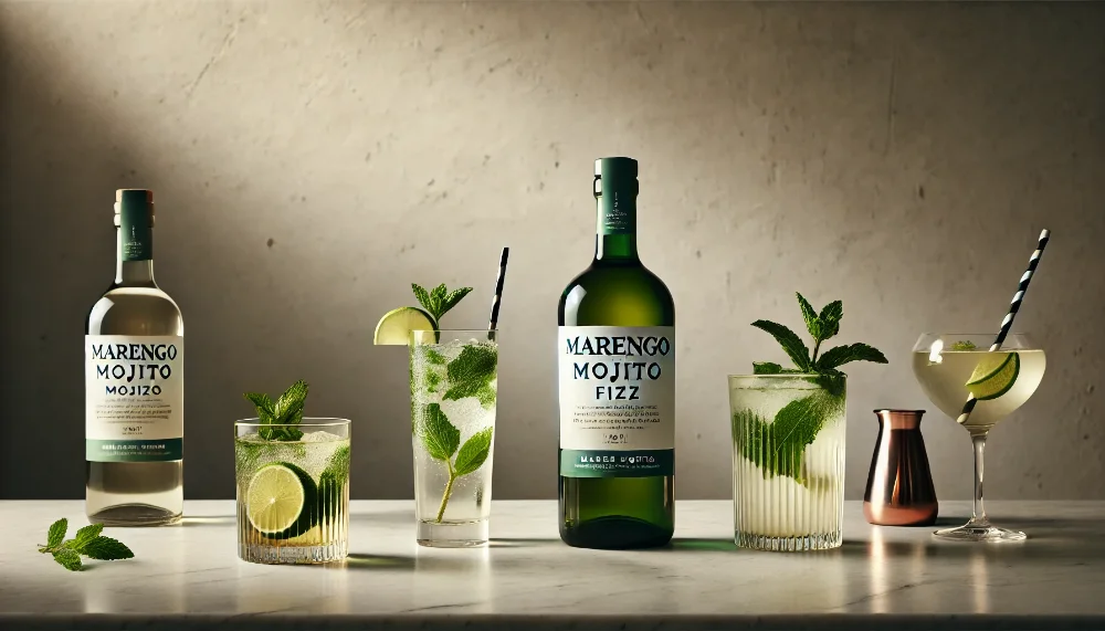 Різноманіття коктейлів з Marengo Mojito Пляшка вермуту Marengo Mojito у супроводі двох різних коктейлів з м'ятою та цитрусовими на мармуровій поверхні