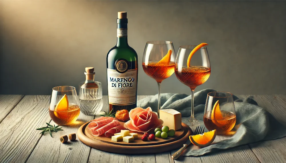 Ідеальний вечір з Marengo Di Fiore Пляшка вермуту Marengo Di Fiore з двома келихами та вишуканими закусками на дерев'яному столі у вечірньому освітленні