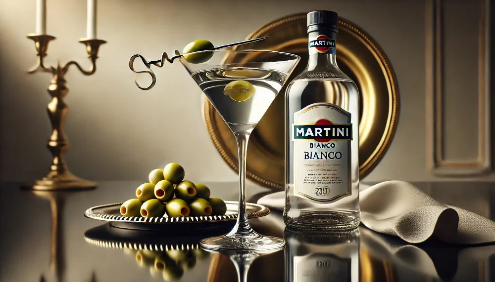 Martini: втілення італійської елегантності Пляшка Martini Bianco з класичним коктейльним келихом, прикрашеним оливкою, на чорній глянцевій поверхні в оточенні вишуканих деталей