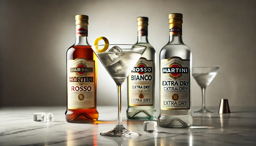 Класична тріада Martini: Rosso, Bianco та Extra Dry - основа колекції легендарного вермуту Три класичні пляшки Martini - Rosso, Bianco та Extra Dry, розташовані на мармуровій поверхні поряд з сервірованим келихом вермуту з льодом