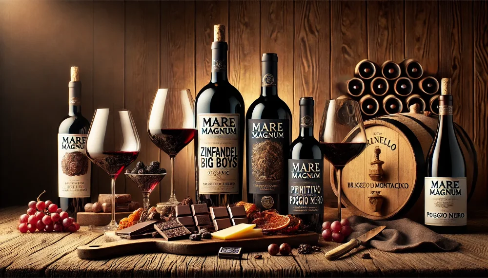 Благородна колекція червоних вин Mare Magnum: від Zinfandel до Brunello Три пляшки преміальних червоних вин Mare Magnum з декантером та келихами в оточенні вишуканих закусок на дерев'яній поверхні