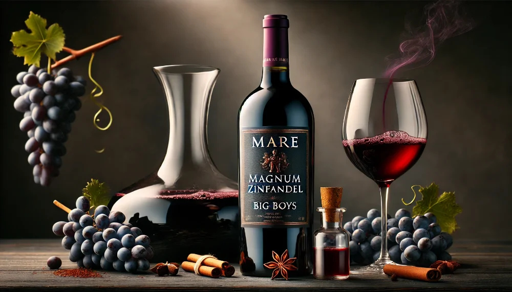 Mare Magnum Zinfandel Big Boys: втілення каліфорнійських традицій виноробства Пляшка Mare Magnum Zinfandel Big Boys з декантером вина, виноградом та спеціями на дерев'яному столі