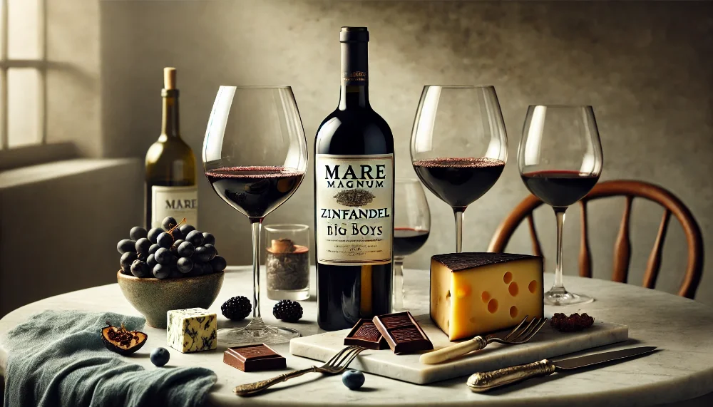 Ідеальні гастрономічні поєднання з Mare Magnum Zinfandel Big Boy Пляшка Mare Magnum Zinfandel Big Boys з келихами, сиром, шоколадом та ягодами на мармуровому столі
