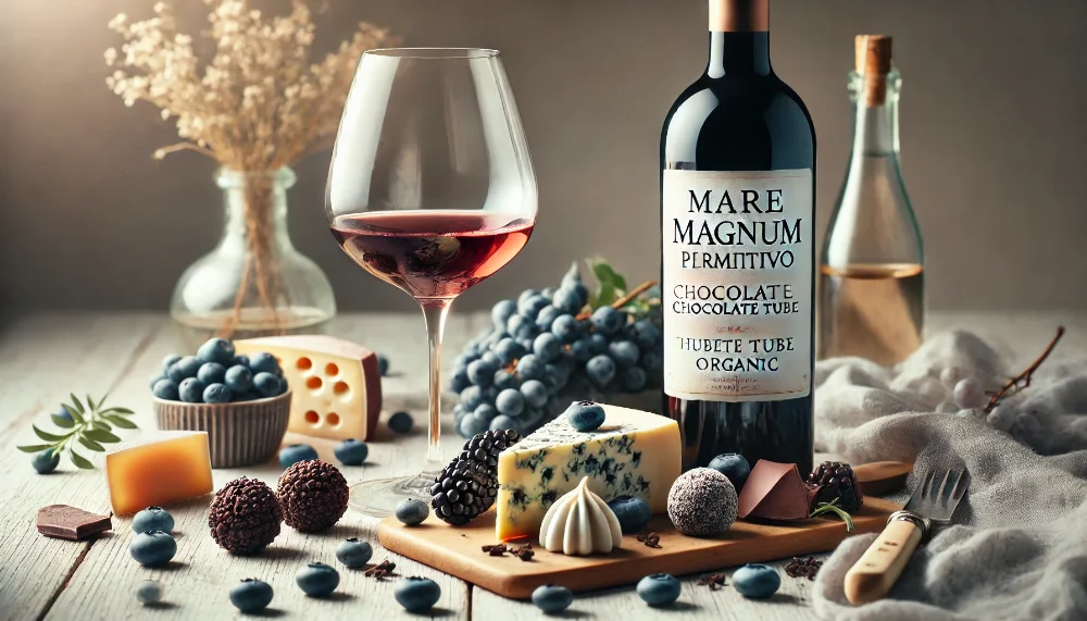 Досконалі гастрономічні пари з Mare Magnum Primitivo Chocolate Tube Organic Пляшка Mare Magnum Primitivo Chocolate Tube Organic з келихом вина в оточенні сиру, ягід та шоколадних трюфелів на дерев'яному столі