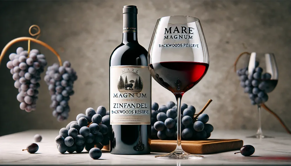 Mare Magnum Zinfandel Backwoods Reserve в елегантній подачі Пляшка Mare Magnum Zinfandel Backwoods Reserve на світлому мармуровому столі поруч з келихом червоного вина та свіжим виноградом