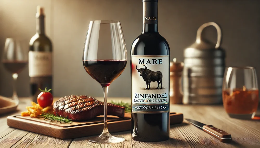 Mare Magnum Zinfandel в гастрономічному поєднанні Пляшка Mare Magnum Zinfandel Backwoods Reserve поруч з келихом вина та стейком на грилі на світлому дерев'яному столі
