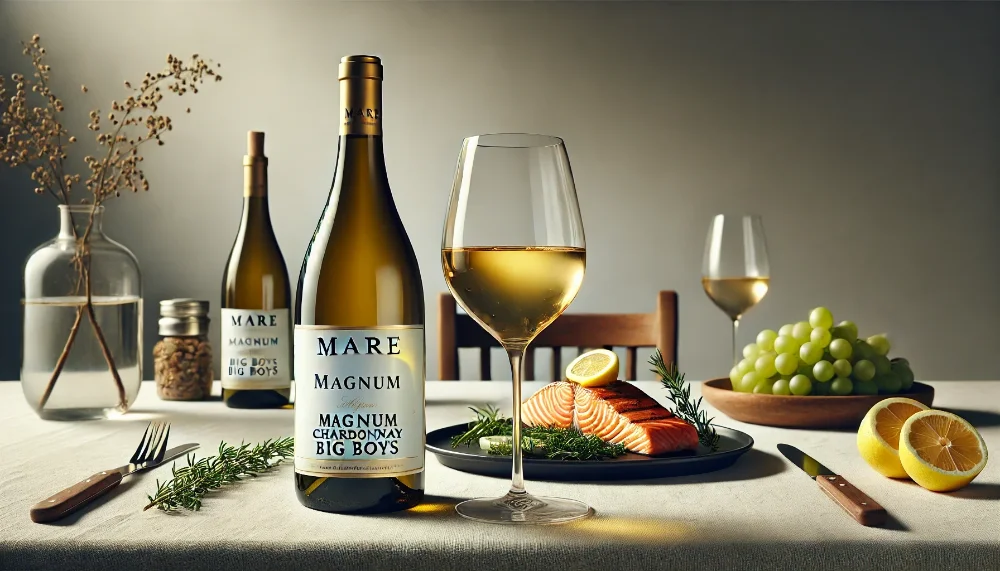 Mare Magnum Chardonnay в гастрономічному поєднанні Пляшка Mare Magnum Chardonnay Big Boys з келихом вина та вишуканою стравою з лосося на світлій сервіровці