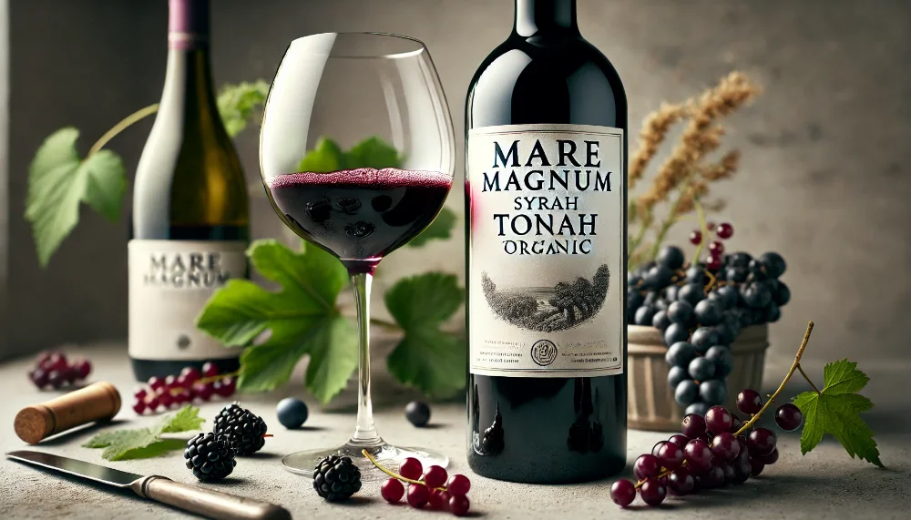 Mare Magnum Syrah Tonno Organic в елегантній подачі Пляшка Mare Magnum Syrah Tonno Organic з келихом насиченого червоного вина та свіжими чорними ягодами