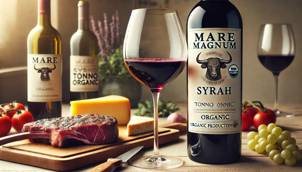 Mare Magnum Syrah в гастрономічній подачі Пляшка Mare Magnum Syrah Tonno Organic з келихом вина поруч зі стейком та стиглими сирами на світлому столі