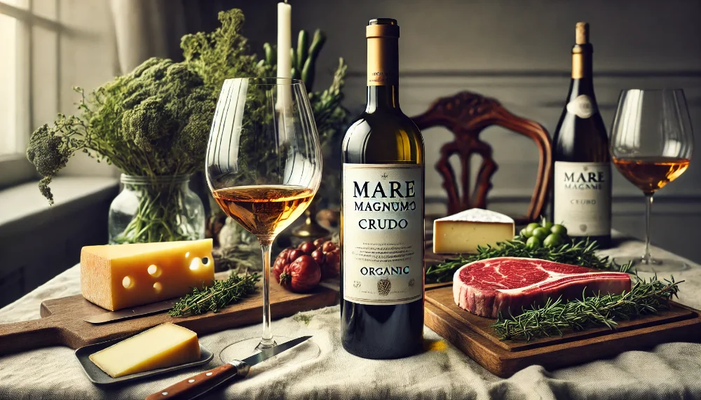 Mare Magnum Crudo в гастрономічному оточенні Пляшка Mare Magnum Crudo Organic з келихом вина в оточенні середземноморських делікатесів на світлому тлі