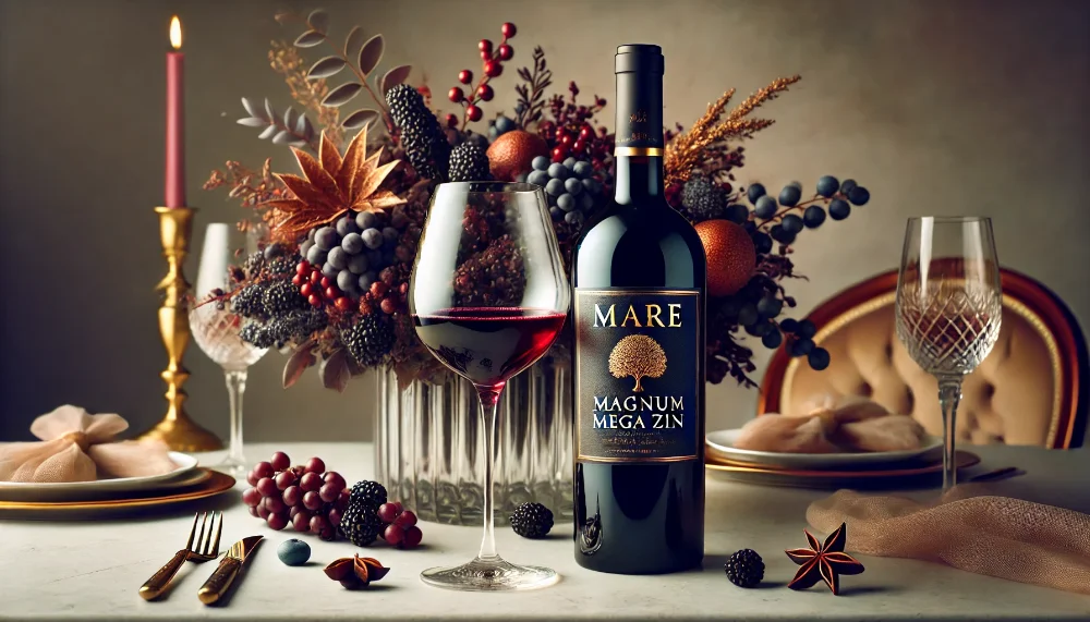 Mare Magnum Mega Zin в святковій подачі Пляшка Mare Magnum Mega Zin з келихом насиченого червоного вина на тлі святкової сервіровки