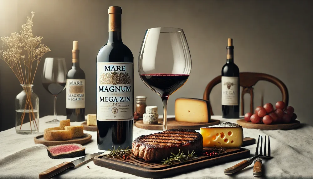 Mare Magnum Mega Zin в гастрономічній композиції Пляшка Mare Magnum Mega Zin з келихом вина поруч з вишуканим стейком та добірними сирами на білому тлі