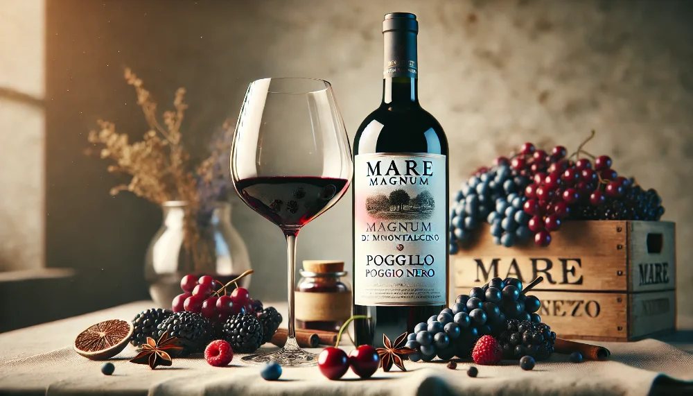 Mare Magnum Brunello Nero в елегантній подачі Пляшка Mare Magnum Brunello di Montalcino з келихом вина на фоні тосканського пейзажу