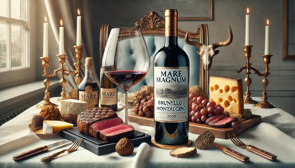 Mare Magnum Brunello в гастрономічному поєднанні Пляшка Mare Magnum Brunello di Montalcino з келихом та вишуканими стравами на світлій скатертині